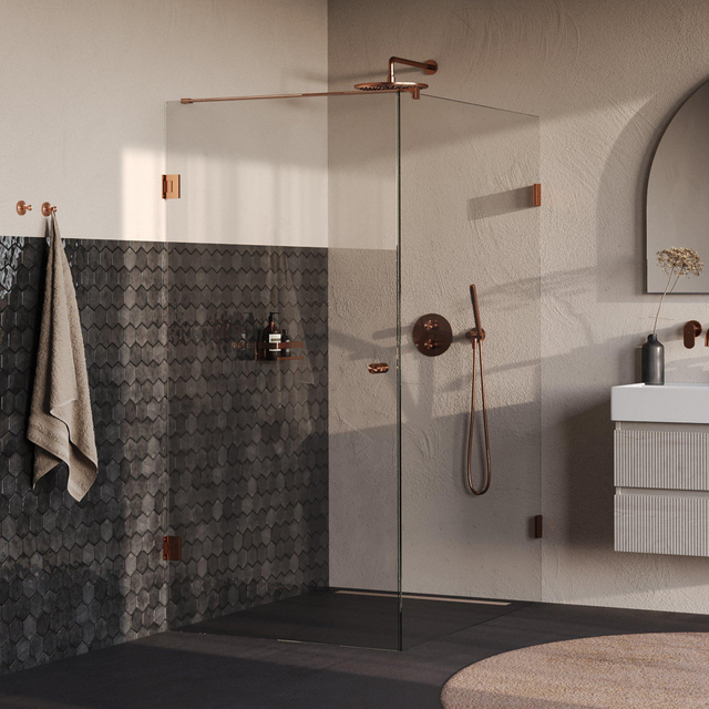 Brauer Void Carving Douchecabine - 100x140x200cm - draaideur - glascoating - omkeerbaar - helder glas - geborsteld koper PVD GS-VOCC1H100140200GK