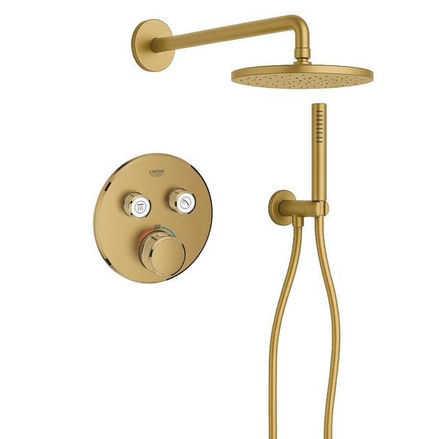 Grohe - Adema Rise Regendoucheset - rond - wandaansluitbocht met handdouchehouder - gladde doucheslang - staafhanddouche - wandarm - 25cm hoofddouche - Grohe SmartControl inbouwthermostaat - brushed c