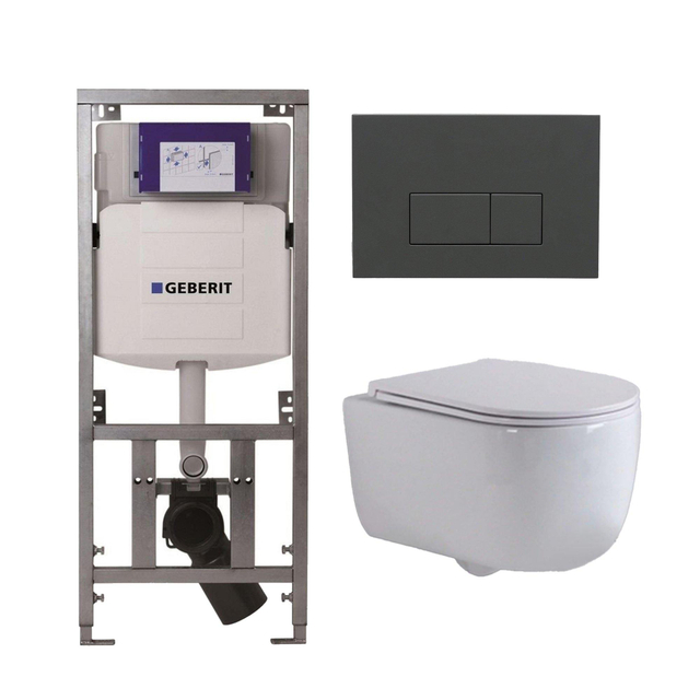 QeramiQ Dely Swirl Toiletset - 36.3x51.7cm - Geberit UP320 Burda inbouwreservoir - slimzitting - bedieningsplaat antraciet mat - rechthoekige knoppen - wit glans 0701131/SW1102377/SW1000766/SW1026256