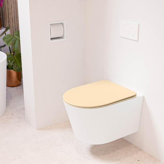 Goedkoopste MONDIAZ LAVIE wandclosetpack - 36x53cm - diepspoel - rimless - Talc (offwhite) - softclose - quick-release - toiletzitting - Sand (bruin) LAVIEsetTalSan