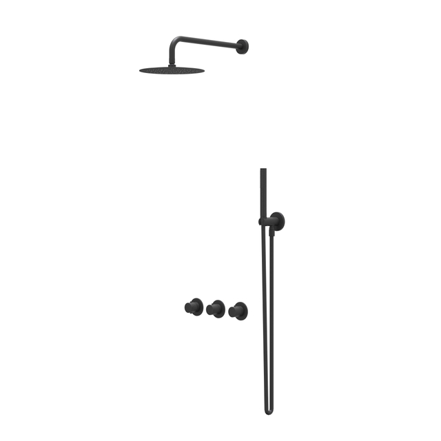 IVY Bond Regendoucheset 4 inbouw symmetry met 2 stopkranen - 40cm wandarm - 25cm slim hoofddouche - houder met uitlaat - doucheslang 150cm - 3-standen handdouche Mat zwart PED CSB4