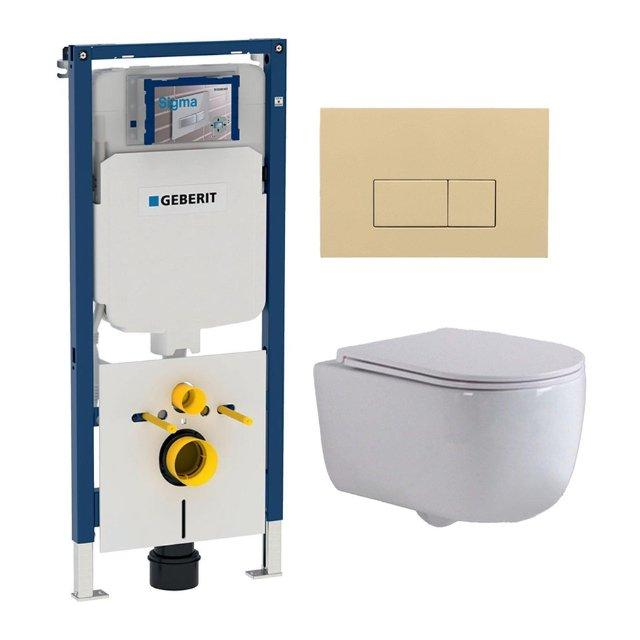 Geberit QeramiQ Dely Swirl Toiletset - 36.3x51.7cm -  UP720 Duofix Sigma inbouwreservoir - slimzitting - bedieningsplaat beige - rechthoekige knoppen - wit glans SW48827/SW1102366/SW1000766/SW1026256