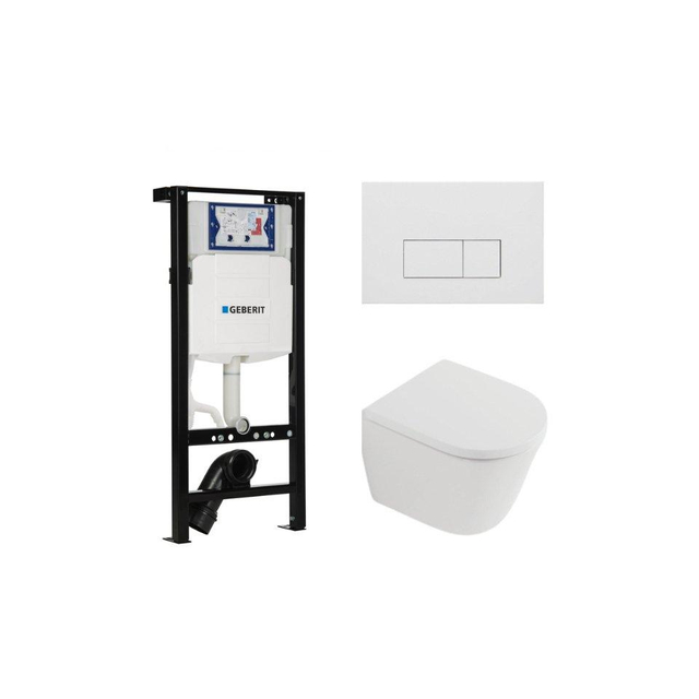 QeramiQ Dely Toiletset - 36.3x51.7cm - diepspoel - rimless - Geberit UP320 plieger inbouwreservoir - softclose toilet zitting 35 mm - mat witte bedieningsplaat - rechthoekige knoppen - mat wit SW1026255/SW1159505/SW1381697/SW706191