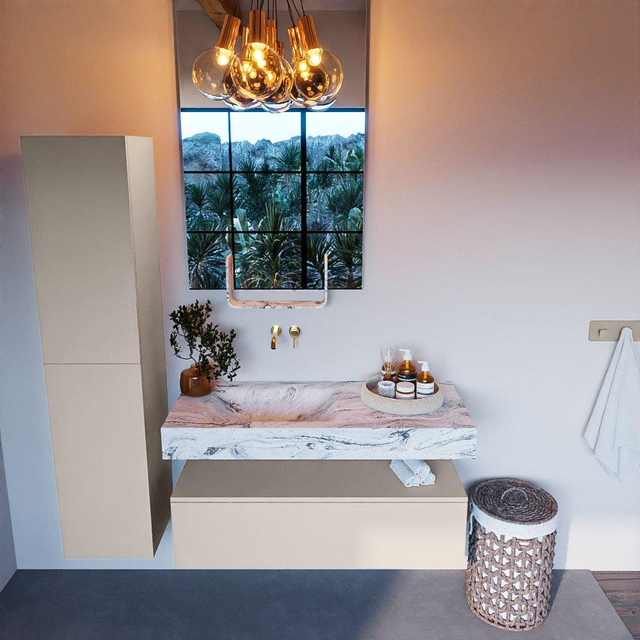 MONDIAZ ALAN - DLUX Badkamermeubelset - 110cm - onderkast - Linen - 1 lade - vrijhangende wastafel - wasbak links - 0 kraangaten - Glace ADX110Lin1LL0Gla