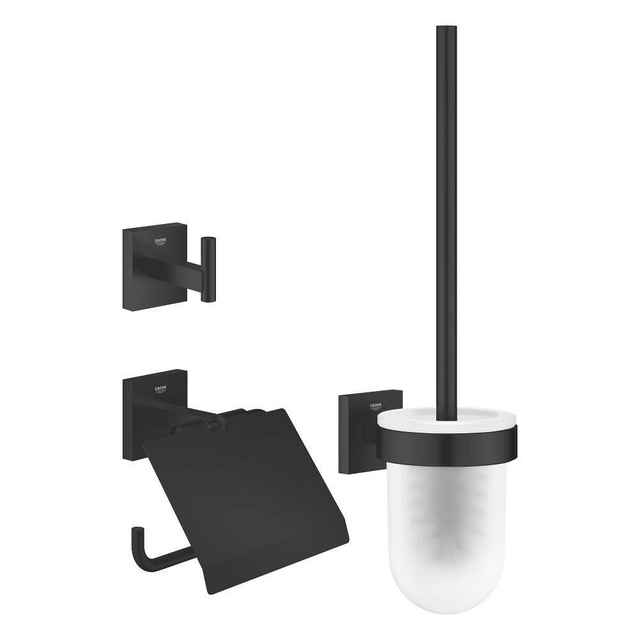 GROHE QuickFix Start Cube 3-in-1 toiletaccessoireset: toiletrolhouder, toiletborstel, handdoekhaak in Matte Black. Bijzonder eenvoudig te monteren met GROHE QuickGlue.