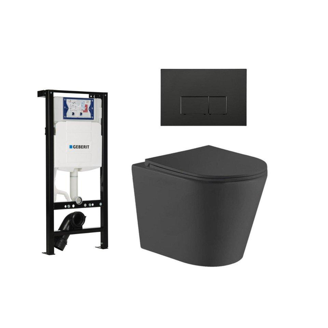QeramiQ Dely Toiletset - 36.3x51.7cm - diepspoel - rimless - Geberit UP320 plieger inbouwreservoir - softclose toiletzitting - mat zwarte bedieningsplaat - rechtehoekige knoppen - zwart mat SW1026253/SW1381697/SW706189/SW1000768