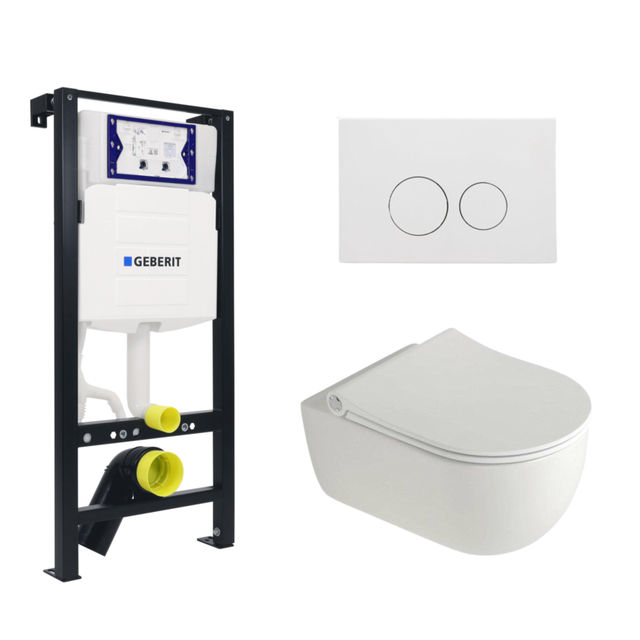 Plieger Kansas Toiletset - UP320 inbouwreservoir - wandcloset - pressalit slim zitting - softclose - mat witte bedieningsplaat - ronde knoppen - mat wit SW1381697/SW654792/SW706190