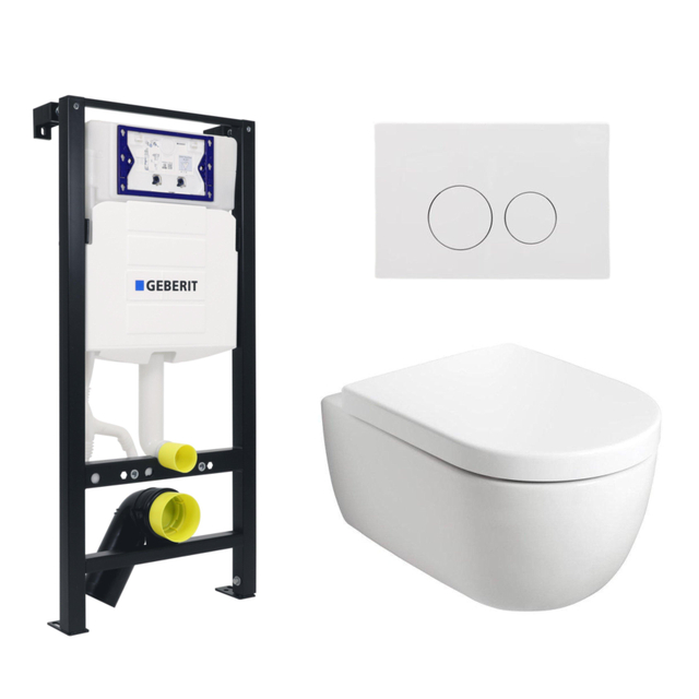 Plieger Kansas Toiletset - UP320 inbouwreservoir - wandcloset - compact - zitting - softclose - witte bedieningsplaat - ronde knoppen - wit SW1381697/SW644628/SW706186