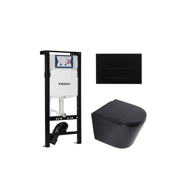 QeramiQ Dely Toiletset - 36.3x51.7cm - diepspoel - rimless - Geberit UP320 plieger inbouwreservoir - softclose toilet zitting 35 mm - kunstof mat zwarte bedieningsplaat - rechthoekige knoppen - mat zwart SW1026253/SW1000769/SW1381697/SW706189