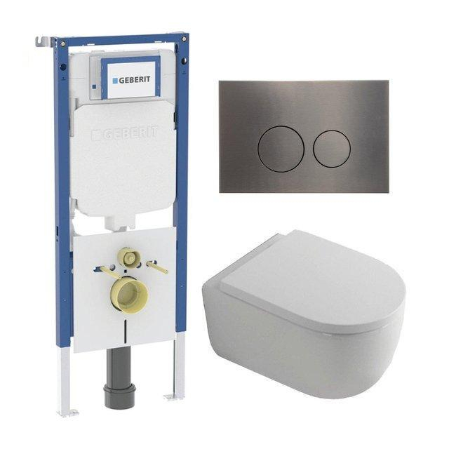 Geberit QeramiQ Dely Swirl Toiletset - 36.3x51.7cm -  UP720 Duofix Sigma inbouwreservoir - 35mm zitting - gunmetal bedieningsplaat - ronde knoppen - wit glans SW1237202/SW706198/SW1000767/SW1026256