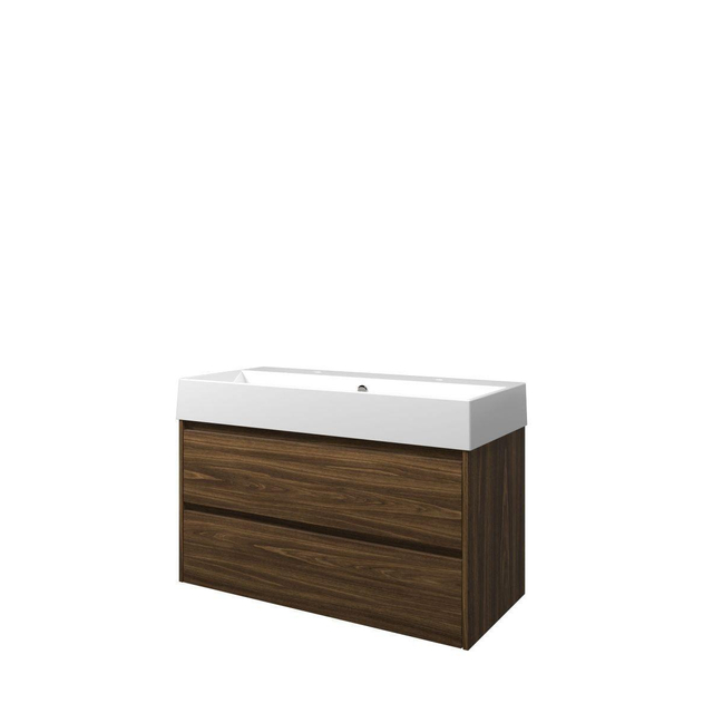Goedkoopste Proline Loft badkamermeubelset - 100x46x62cm - porselein Loft wastafel - 2 kraangaten - symmetrisch - MFC Cabana oak Glans wit 1815463