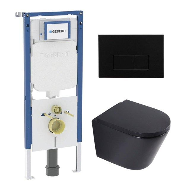 Geberit QeramiQ Dely Toiletset - 36.3x51.7cm - diepspoel - rimless -  UP720 inbouwreservoir - softclose toilet zitting 35 mm - kunstof mat zwarte bedieningsplaat - rechthoekige knoppen - mat zwart SW10