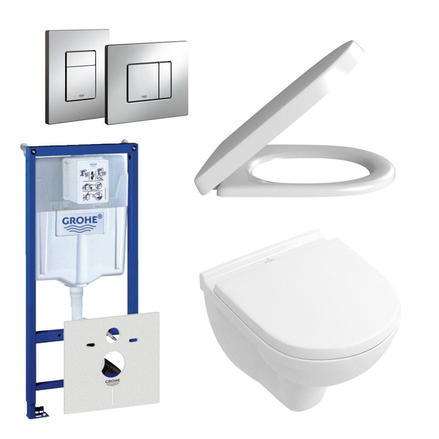 Villeroy & Boch O.Novo Toiletset - compact - softclose en quickrelease zitting - bedieningplaat verticaal/horizontaal chroom - wit 0720001/0729205/0124182/sw68867/