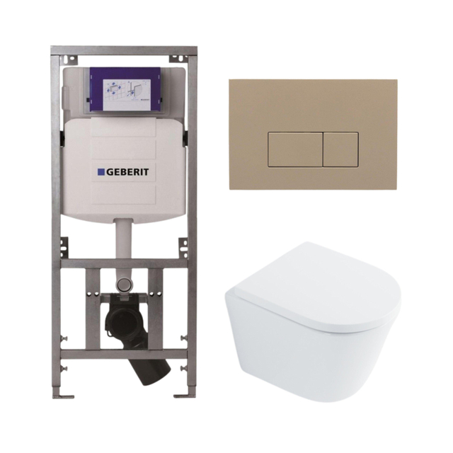 QeramiQ Dely Toiletset - 36.3x51.7cm - diepspoel - rimless - Geberit UP320 Burda inbouwreservoir - softclose toilet zitting 35 mm - bedieningsplaat taupe - rechthoekige knoppen - wit glans SW1026255 / SW1159505/0701131/SW1102379