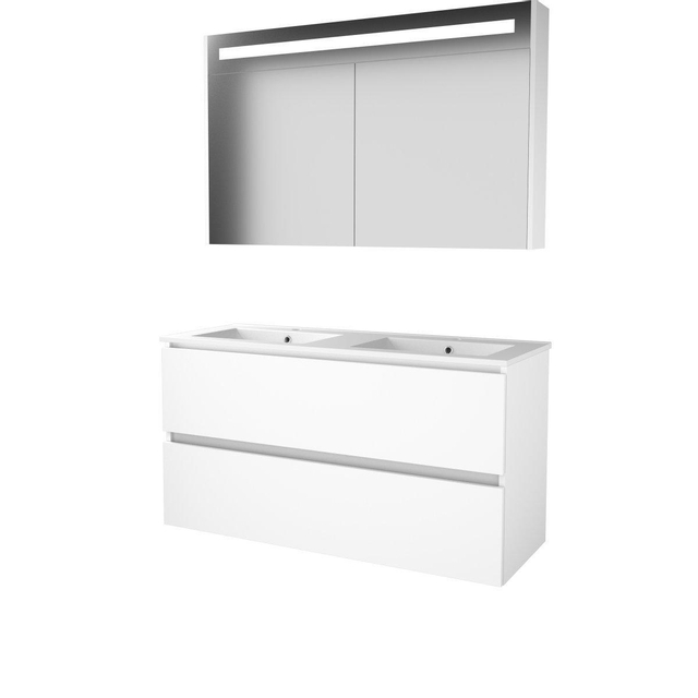 Basic-Line Premium 46 badkamermeubelset - 120x46cm - greeploos - 2 lades - porseleinen wastafel - 2 kraangaten - Spiegelkast - geintegreerde LED verlichting - MDF lak Ice White 1810792