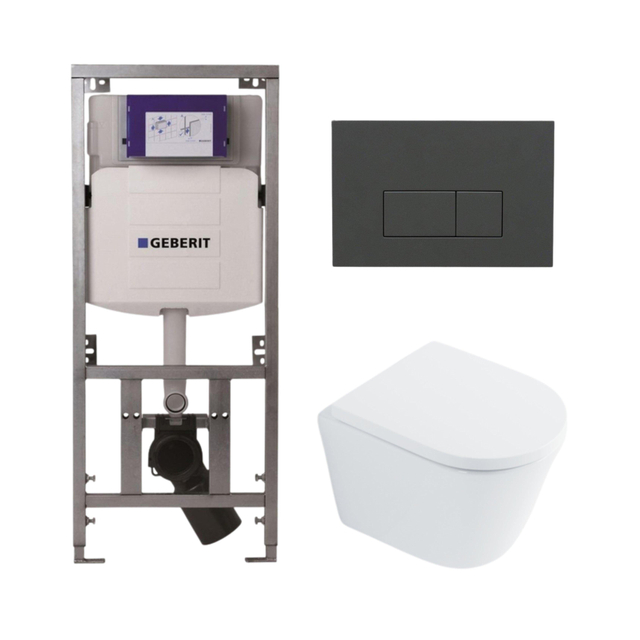 QeramiQ Dely Toiletset - 36.3x51.7cm - diepspoel - rimless - Geberit UP320 Burda inbouwreservoir - softclose toilet zitting 35 mm - bedieningsplaat antraciet mat - rechthoekige knoppen - wit glans SW1026255 / SW1159505 /0701131/SW1102377