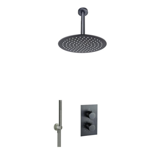 Fortifura Calvi Inbouw Regendoucheset - thermostatisch - plafondarm - 30cm hoofddouche - staaf handdouche - gladde doucheslang - geborsteld Gunmetal PVD SW1139123/SW720558/SW721165/SW721170/SW766536/S
