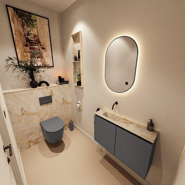 MONDIAZ TURE-DLUX 80cm toiletmeubel Dark Grey. EDEN wastafel Frappe positie links. Zonder kraangat. TUREDX80DGRL0FRA