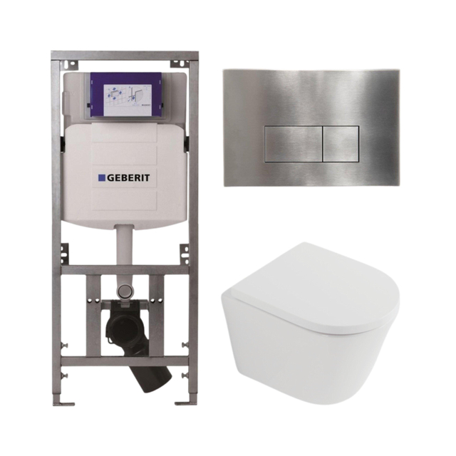 QeramiQ Dely Toiletset - 36.3x51.7cm - diepspoel - rimless - Geberit UP320 inbouwreservoir - softclose toilet zitting 35 mm - steel bedieningsplaat - rechthoekige knoppen - mat wit SW1026254/SW1000767/0701131/SW706195