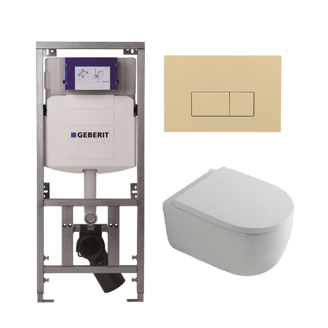 QeramiQ Dely Swirl Toiletset - 36.3x51.7cm - Geberit UP320 Burda inbouwreservoir - 35mm zitting - bedieningsplaat beige - rechthoekige knoppen - wit glans 0701131/SW1102366/SW1000767/SW1026256