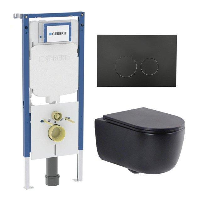 Geberit QeramiQ Dely Swirl Toiletset - 36.3x51.7cm -  UP720 Duofix Sigma inbouwreservoir - slim zitting - mat zwarte bedieningsplaat - ronde knoppen - mat zwart SW1237202/SW706188/SW1000768/SW1026258