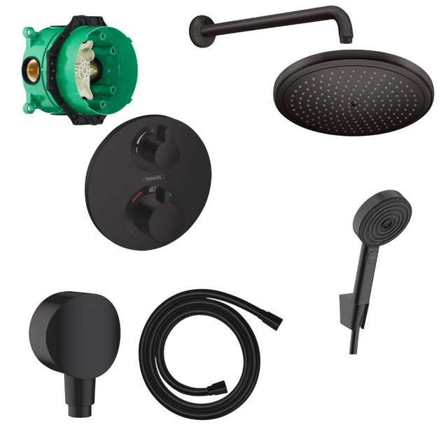 Hansgrohe Ecostat s Doucheset - inbouwdeel - thermostaat - hoofddouche - douchearm - handdouche - doucheslang - douche aansluitstuk - mat zwart 457051/SW451539/SW528789/SW492798/SW651384/SW79334