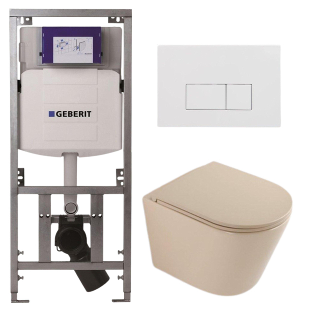 QeramiQ Dely Toiletset - 36.3x51.7cm - diepspoel - rimless - Geberit UP320 inbouwreservoir - softclose toilet zitting - glans witte bedieningsplaat - rechthoekige knoppen - mat beige SW1000764/SW1000770/0701131/SW706187