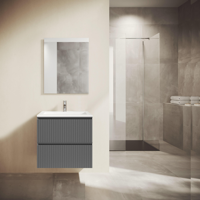 Adema Prime Blend Badkamermeubelset - 60x55x46cm - 1 ovale keramische wasbak wit - 1 kraangat - 2 lades - rechthoekige spiegel - mat antraciet SW892640/SW718716/SW724610
