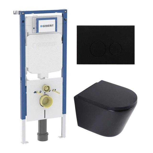 Geberit QeramiQ Dely Toiletset - 36.3x51.7cm - diepspoel - rimless -  UP720 inbouwreservoir - softclose toilet zitting 35 mm - metaal mat zwarte bedieningsplaat - ronde knoppen - mat zwart SW1026253/SW