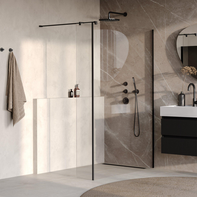 Brauer Oblivion Inloopdouche - 130x200cm - 30cm zijwand - glascoating - helder glas - mat zwart GS-OBI2H13030200MZ