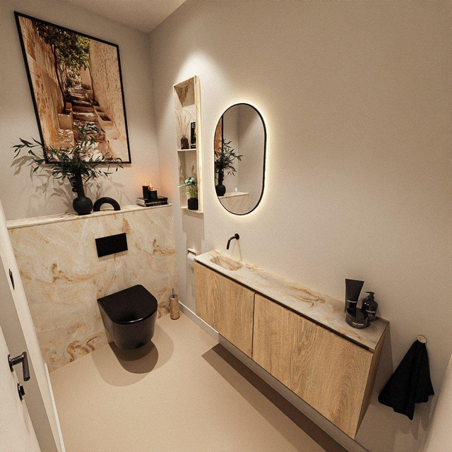 MONDIAZ TURE-DLUX 120cm toiletmeubel Washed Oak. EDEN wastafel Frappe positie links. Zonder kraangat. TUREDX120WASL0FRA