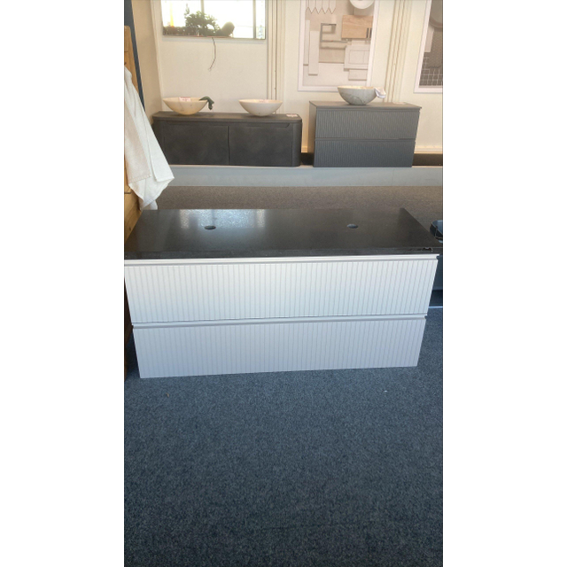 Adema Prime Blend badkamerkast - met natuurstenenblad 120x55x45.9cm - 2 lades - geintegreerde greep - MDF - mat cotton (beige) -beschadigd aan de zijkant OUTLET UDEN ARES 120 Cotton
