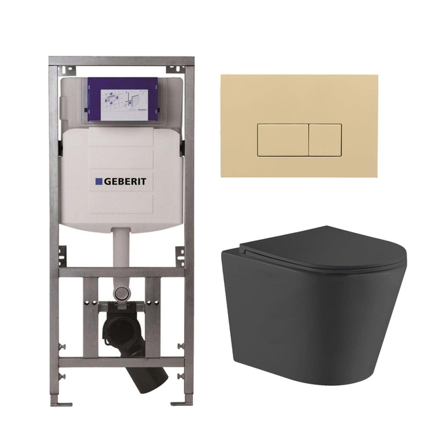QeramiQ Dely Toiletset - 36.3x51.7cm - diepspoel - rimless - Geberit UP320 Burda inbouwreservoir - softclose toiletzitting - bedieningsplaat beige - rechtehoekige knoppen - mat zwart SW1026253/0701131/SW1102366/SW1000768