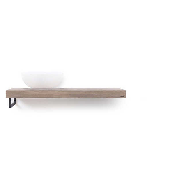 Looox Wood collection Solo wastafelblad - 100x46cm - Met handdoekhouder (links) mat zwart - Massief eiken Old grey wbsolol100mz