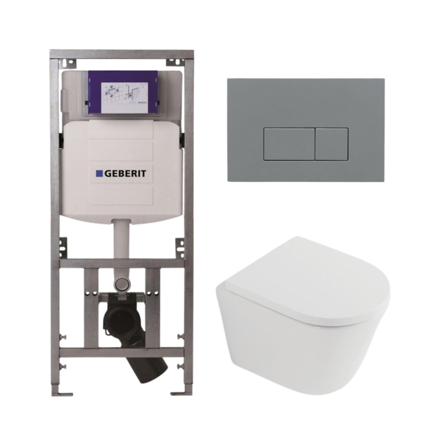 QeramiQ Dely Toiletset - 36.3x51.7cm - diepspoel - rimless - Geberit UP320 inbouwreservoir - softclose toilet zitting 35 mm - bedieningsplaat licht grijs - rechthoekige knoppen - mat wit SW1026254/SW1000767/0701131/SW1102375