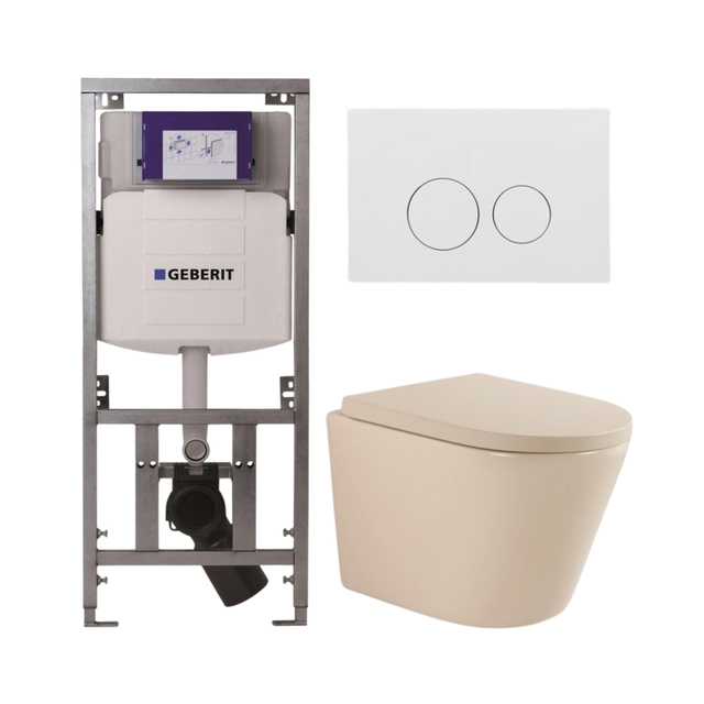 QeramiQ Dely Toiletset - 36.3x51.7cm - diepspoel - rimless - Geberit UP320 inbouwreservoir - softclose toilet zitting 35 mm - glans witte bedieningsplaat - ronde knoppen - mat beige SW1000764/SW1000771/0701131/SW706186