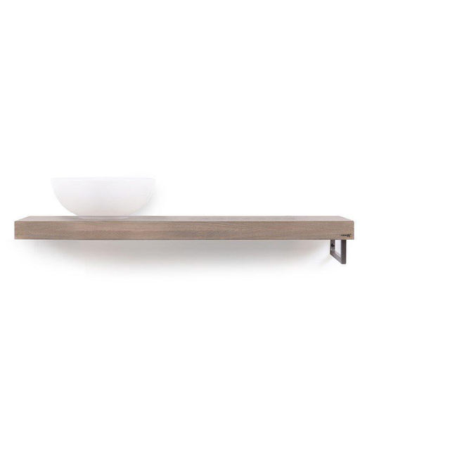 Looox Wood collection Solo wastafelblad - 120x46cm - Met handdoekhouder (rechts) RVS geborsteld - Massief eiken Old grey wbsolor120rvs