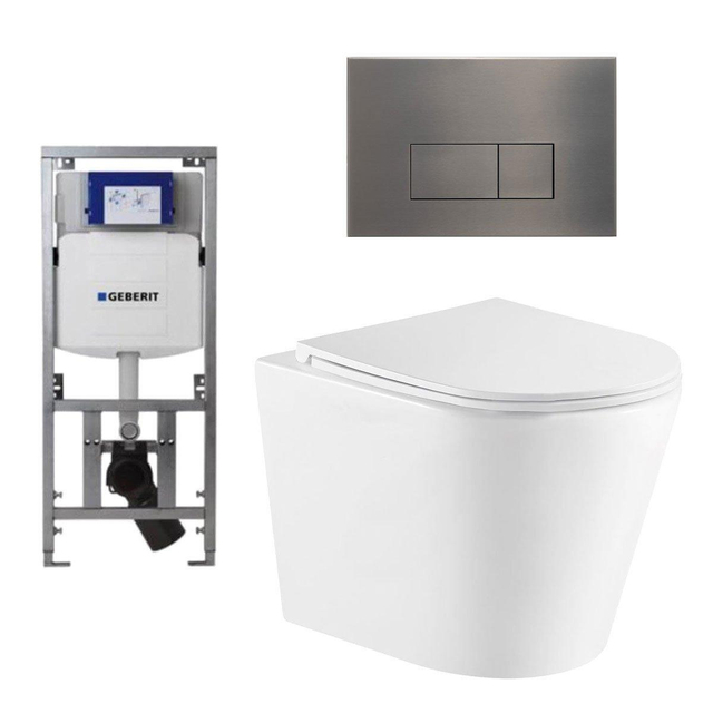Geberit QeramiQ Dely Toiletset - 36.3x51.7cm - diepspoel - rimless -  UP320 inbouwreservoir - met Burda frame - softclose toiletzitting - gunmetal bedieningsplaat - rechtehoekige knoppen - wit glans SW
