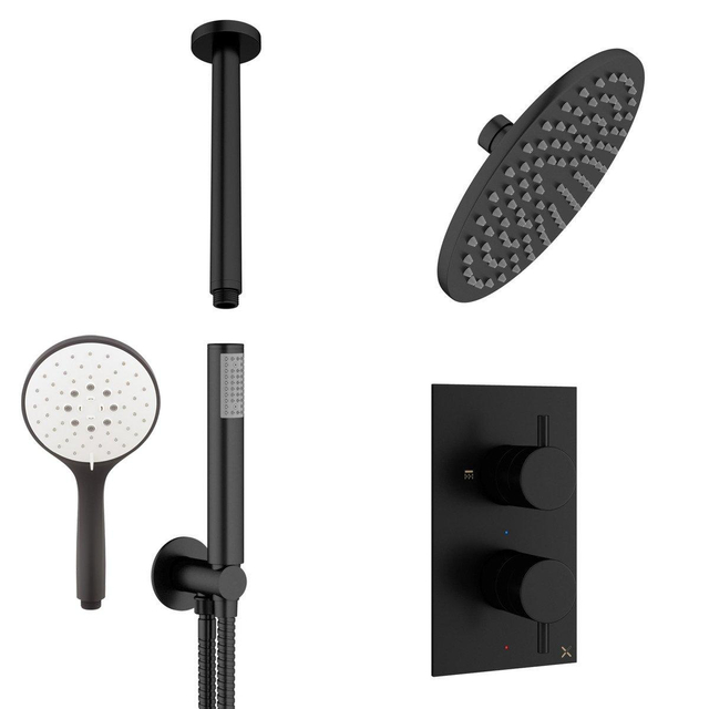 Crosswater MPRO regendouche 20cm inclusief inbouw thermostatische douchekraan, plafondarm en 3 standen handdouche in mat zwart sw209263/sw209271/sw209276/sw385372/sw385428/sw385