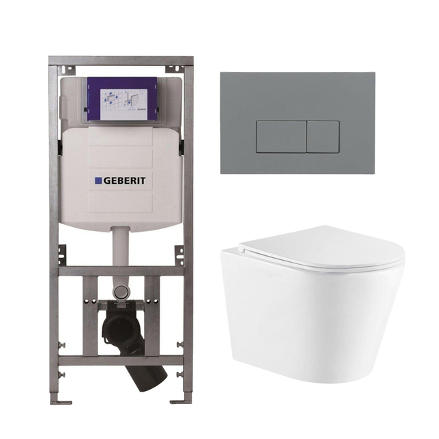 Geberit QeramiQ Dely Toiletset - 36.3x51.7cm - diepspoel - rimless -  UP320 inbouwreservoir - met Burda frame - softclose toiletzitting - bedieningsplaat licht grijs - rechtehoekige knoppen - wit glans