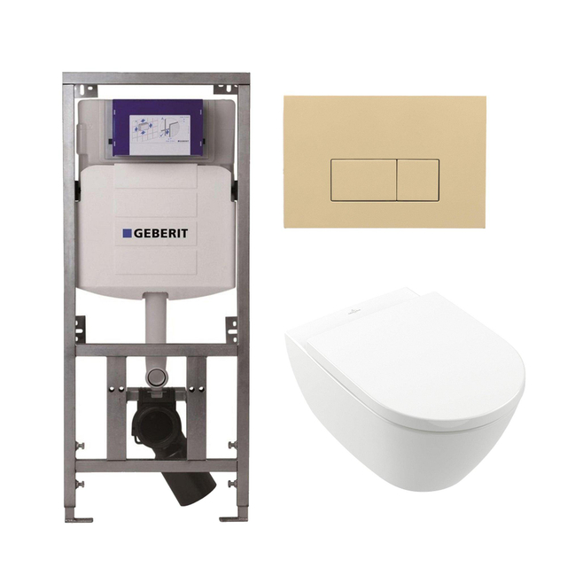 Villeroy Boch Subway 2.0 DirectFlush Toiletset - softclose - geberit reservoir - qeramiq bedieningsplaat beige - rechthoekige knoppen - wit 0701131/ga26028/SW729014/SW1182666/SW1102366