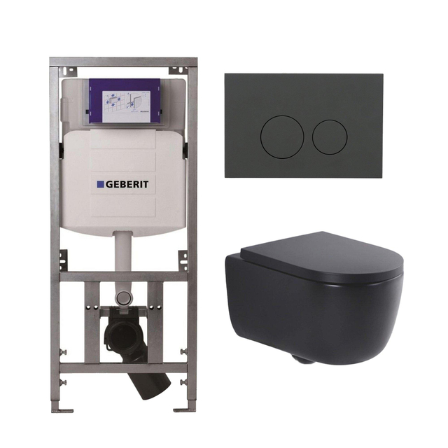 QeramiQ Dely Swirl Toiletset - 36.3x51.7cm - Geberit UP320 Burda inbouwreservoir - 35mm zitting - bedieningsplaat mat antraciet - ronde knoppen - mat zwart 0701131/SW1102376/SW1000769/SW1026258