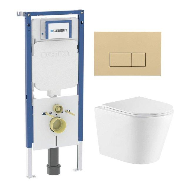 Geberit QeramiQ Dely Toiletset - 36.3x51.7cm - diepspoel - rimless -  UP720 inbouwreservoir - softclose toiletzitting - bedieningsplaat beige - rechtehoekige knoppen - wit glans SW543431/SW1237202/SW11