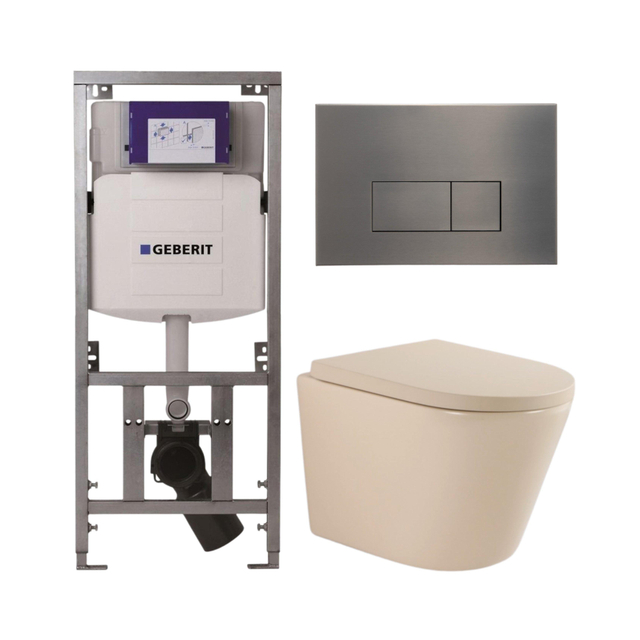 QeramiQ Dely Toiletset - 36.3x51.7cm - diepspoel - rimless - Geberit UP320 inbouwreservoir - softclose toilet zitting 35 mm - gunmetal bedieningsplaat - rechthoekige knoppen - mat beige SW1000764/SW1000771/0701131/SW706199