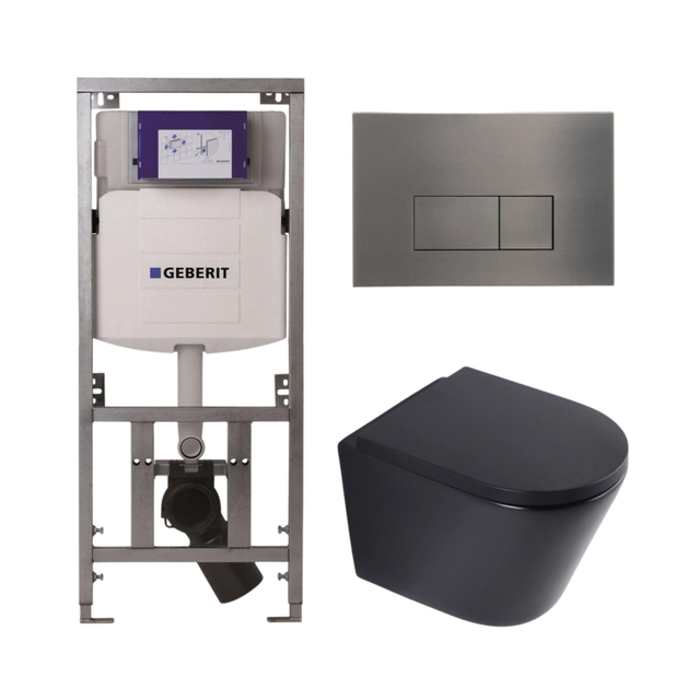QeramiQ Dely Toiletset - 36.3x51.7cm - diepspoel - rimless - Geberit UP320 inbouwreservoir - softclose toilet zitting 35 mm - gunmetal bedieningsplaat - rechthoekige knoppen - mat zwart SW1026253/SW1000769/0701131/SW706199