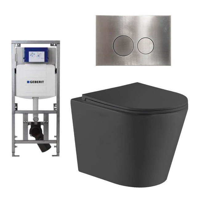 QeramiQ Dely Toiletset - 36.3x51.7cm - diepspoel - rimless - Geberit UP320 Burda inbouwreservoir - softclose toiletzitting - steel bedieningsplaat - ronde knoppen - zwart mat SW1026253/0701131/SW706194/SW1000768