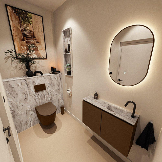 MONDIAZ TURE-DLUX 80cm toiletmeubel Rust. EDEN wastafel Glace positie rechts. Met 1 kraangat. TUREDX80RUSR1GLA