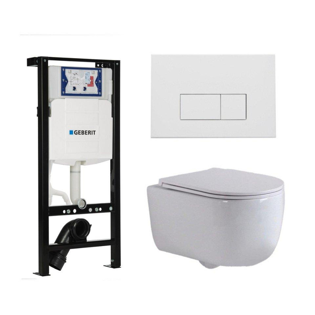 QeramiQ Dely Swirl Toiletset - 36.3x51.7cm - diepspoel - rimless - Geberit UP320 plieger inbouwreservoir - slim zitting - mat witte metalen bedieningsplaat - rechtehoekige knoppen - wit mat SW1381697/SW706191/SW1000766/SW1026257