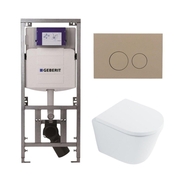 QeramiQ Dely Toiletset - 36.3x51.7cm - diepspoel - rimless - Geberit UP320 Burda inbouwreservoir - softclose toilet zitting 35 mm - bedieningsplaat taupe - ronde knoppen - wit glans SW1026255 / SW1159505/0701131/SW1102378