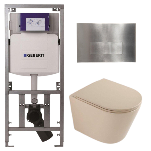QeramiQ Dely Toiletset - 36.3x51.7cm - diepspoel - rimless - Geberit UP320 inbouwreservoir - softclose toilet zitting - steel bedieningsplaat - rechthoekige knoppen - mat beige SW1000764/SW1000770/0701131/SW706195